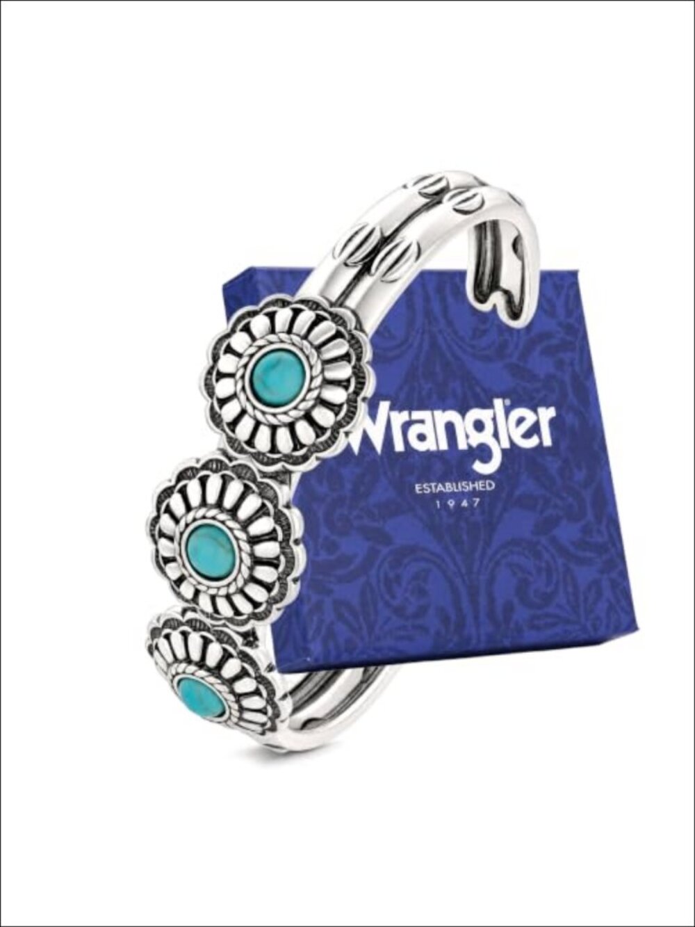 Western Open Cuff Bracelet Turquoise Floral Concho Silver Plated